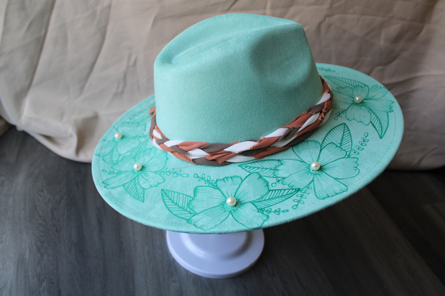 Pearls and Moss Roses Burned Mint Suede Fedora