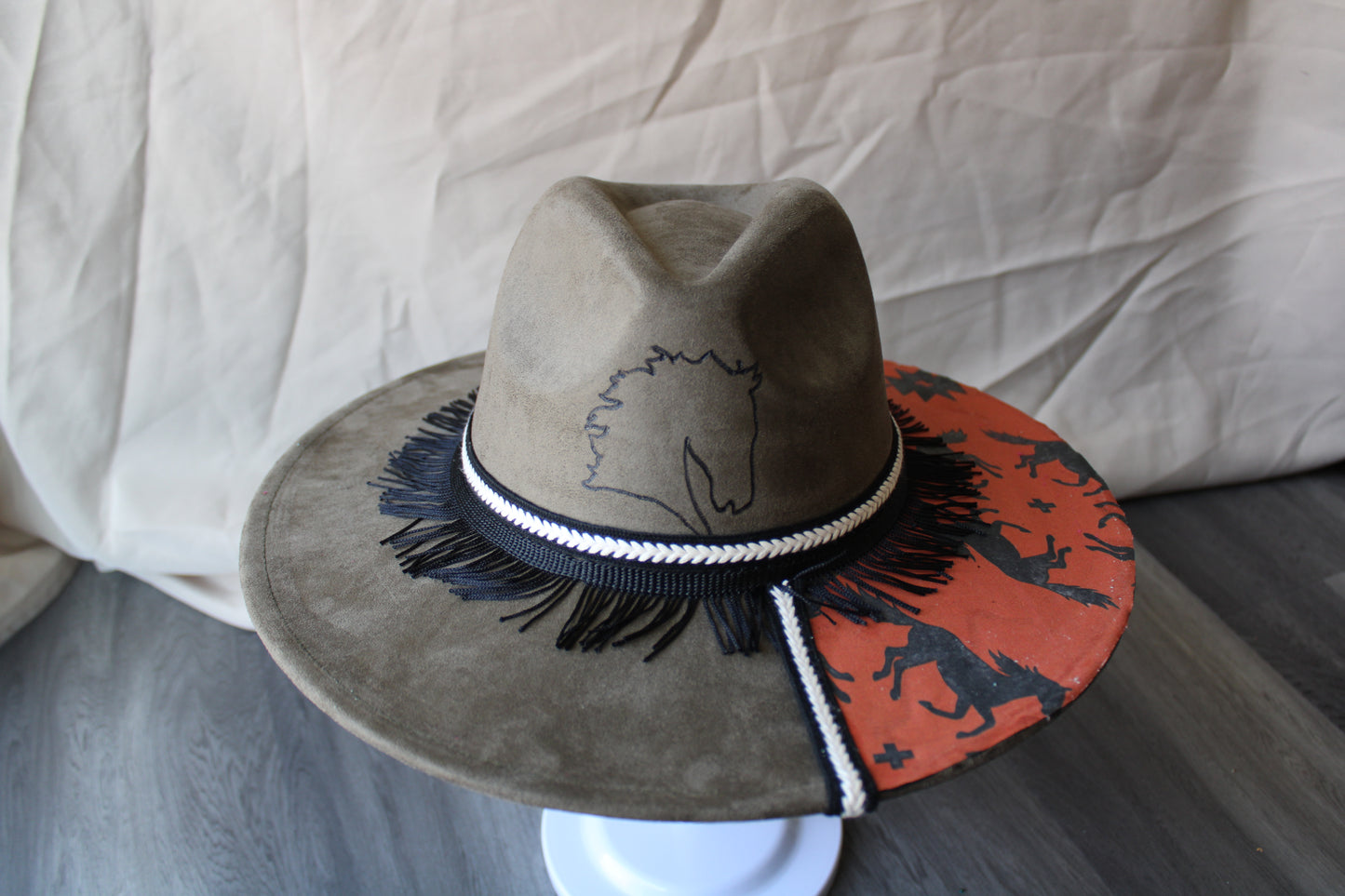 Wild Horses Burned and Decorated Olive Suede Fedora