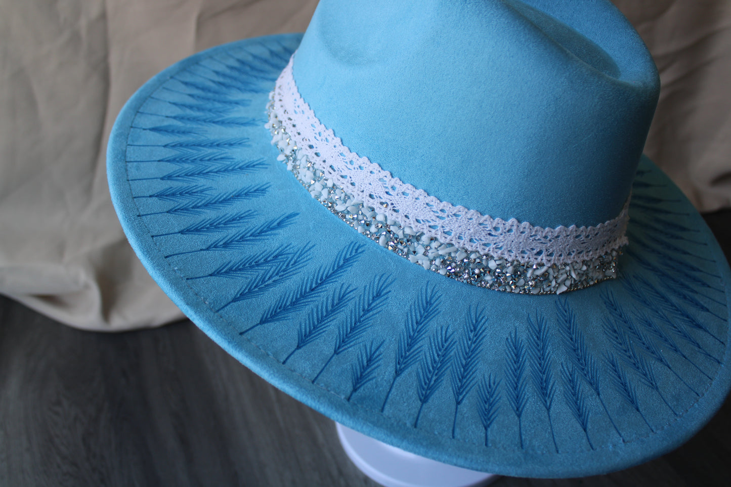 Prairieland Sky Blue Hand-Burned Faux Suede Fedora