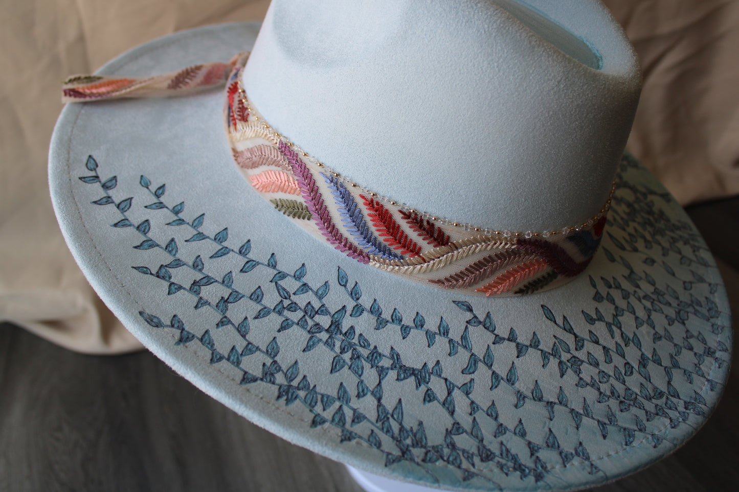 Vintage Vines Pale Blue Burned Fedora