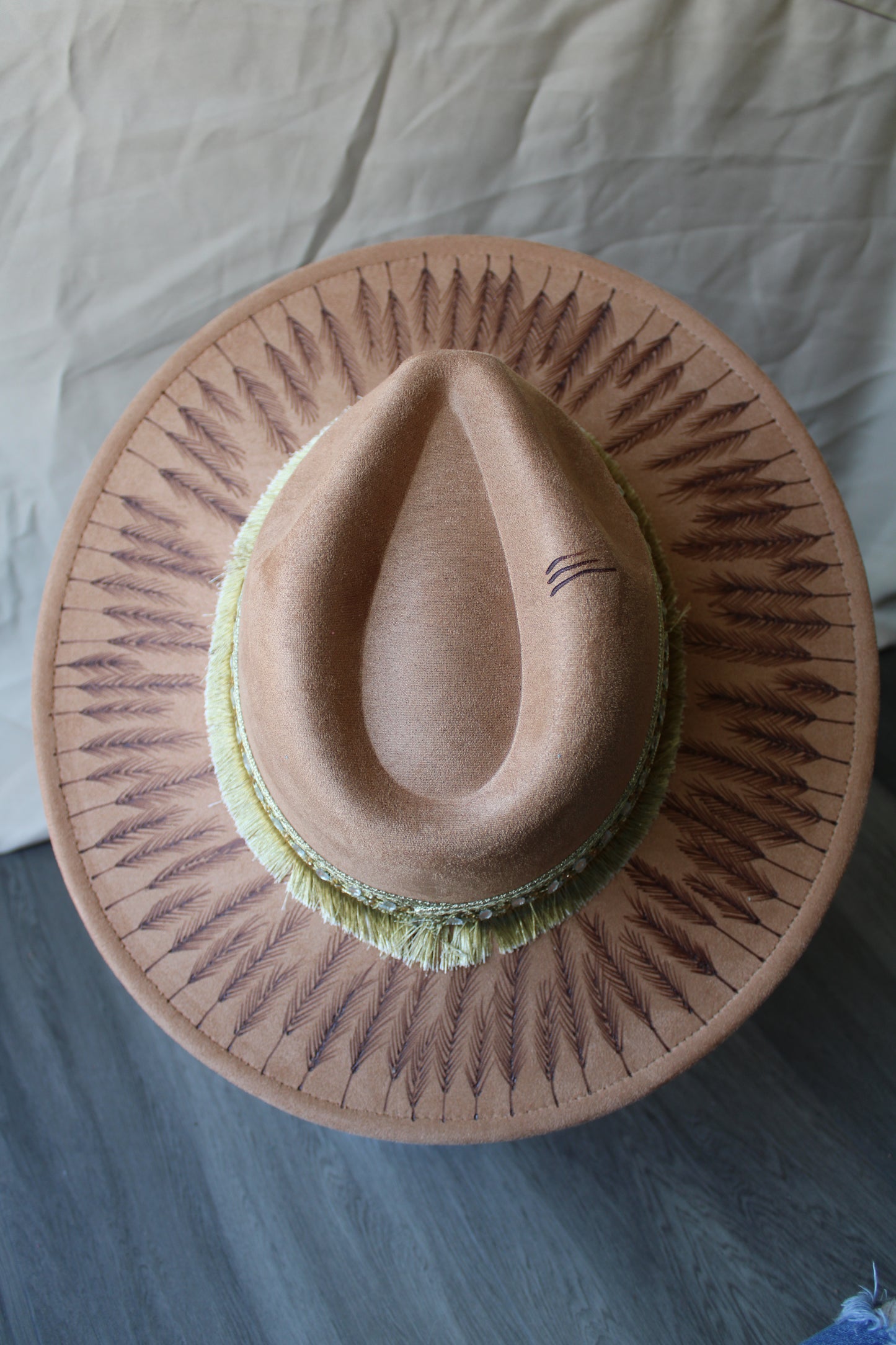 Prairieland Gold Hand-Burned Faux Suede Fedora