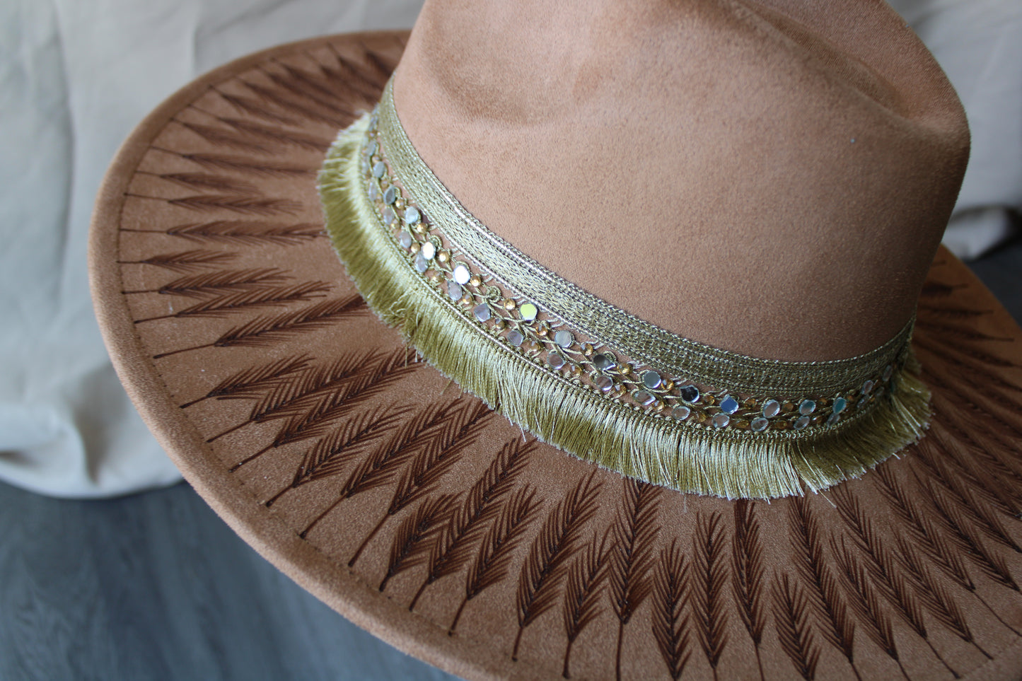 Prairieland Gold Hand-Burned Faux Suede Fedora