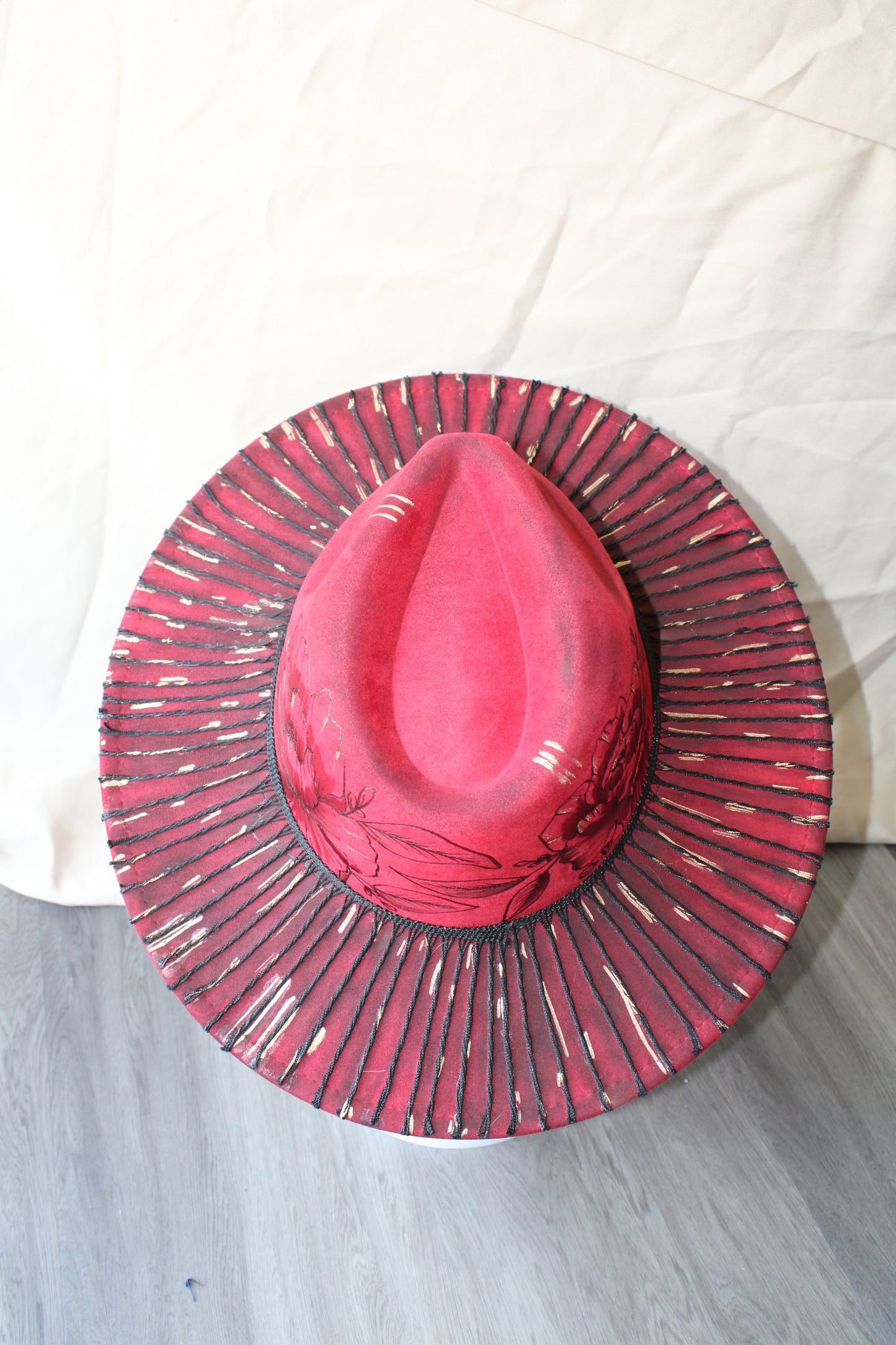 Striking Peony Hand-Burned Faux Suede Fedora
