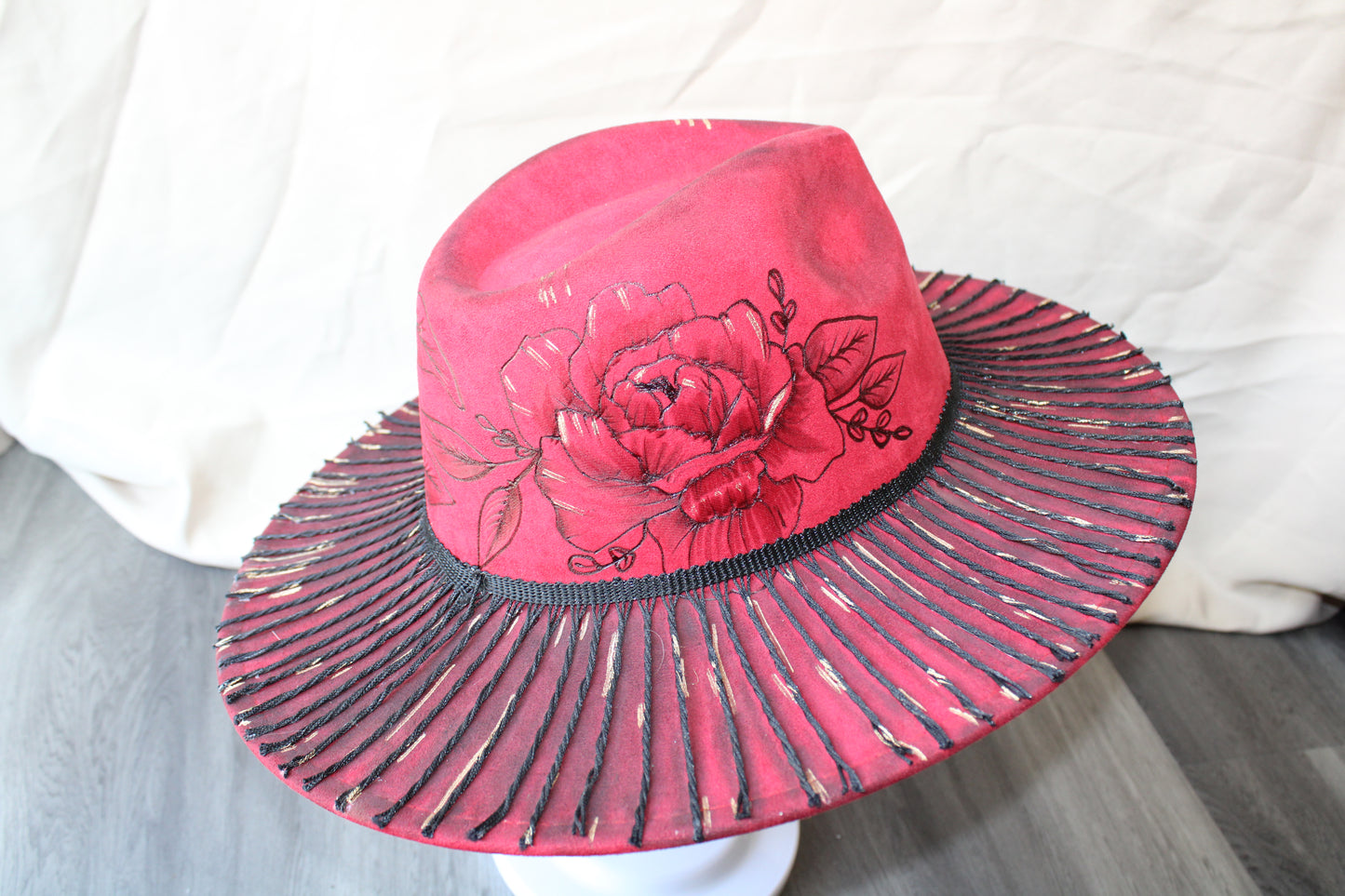 Striking Peony Hand-Burned Faux Suede Fedora