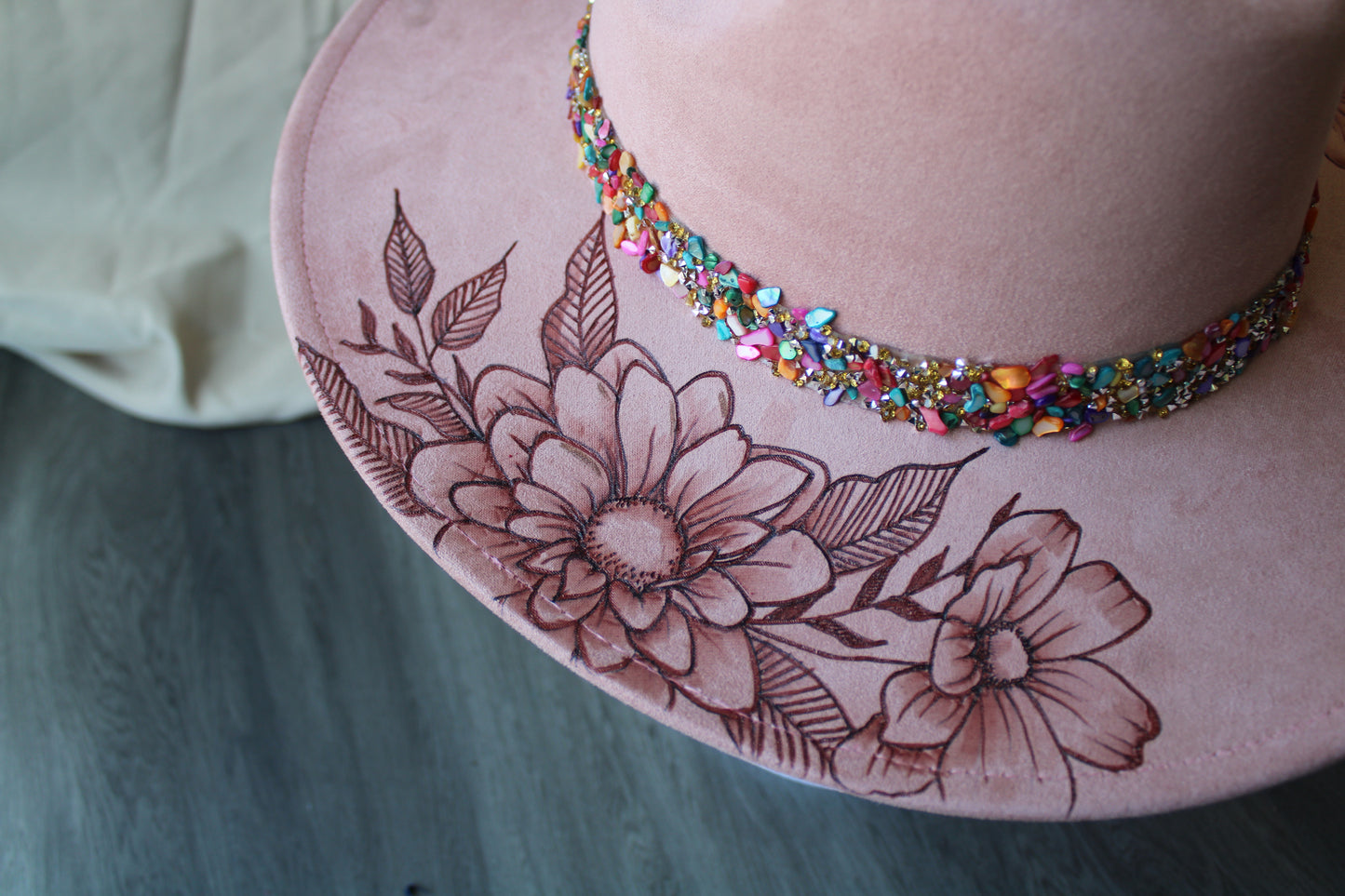 Mirrored Wildflowers Pink Burned Suede Fedora