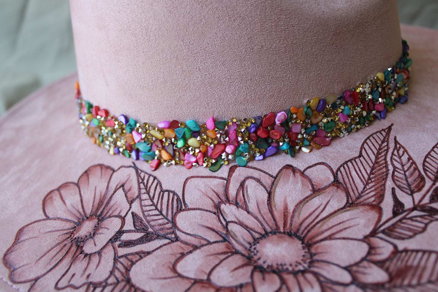 Mirrored Wildflowers Pink Burned Suede Fedora