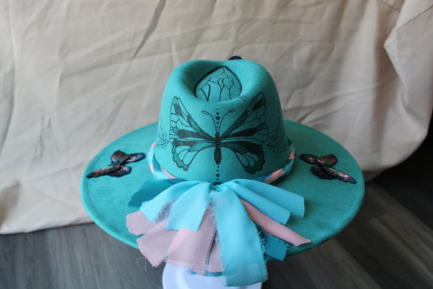 Teal Butterfly Patch Burned Fedora