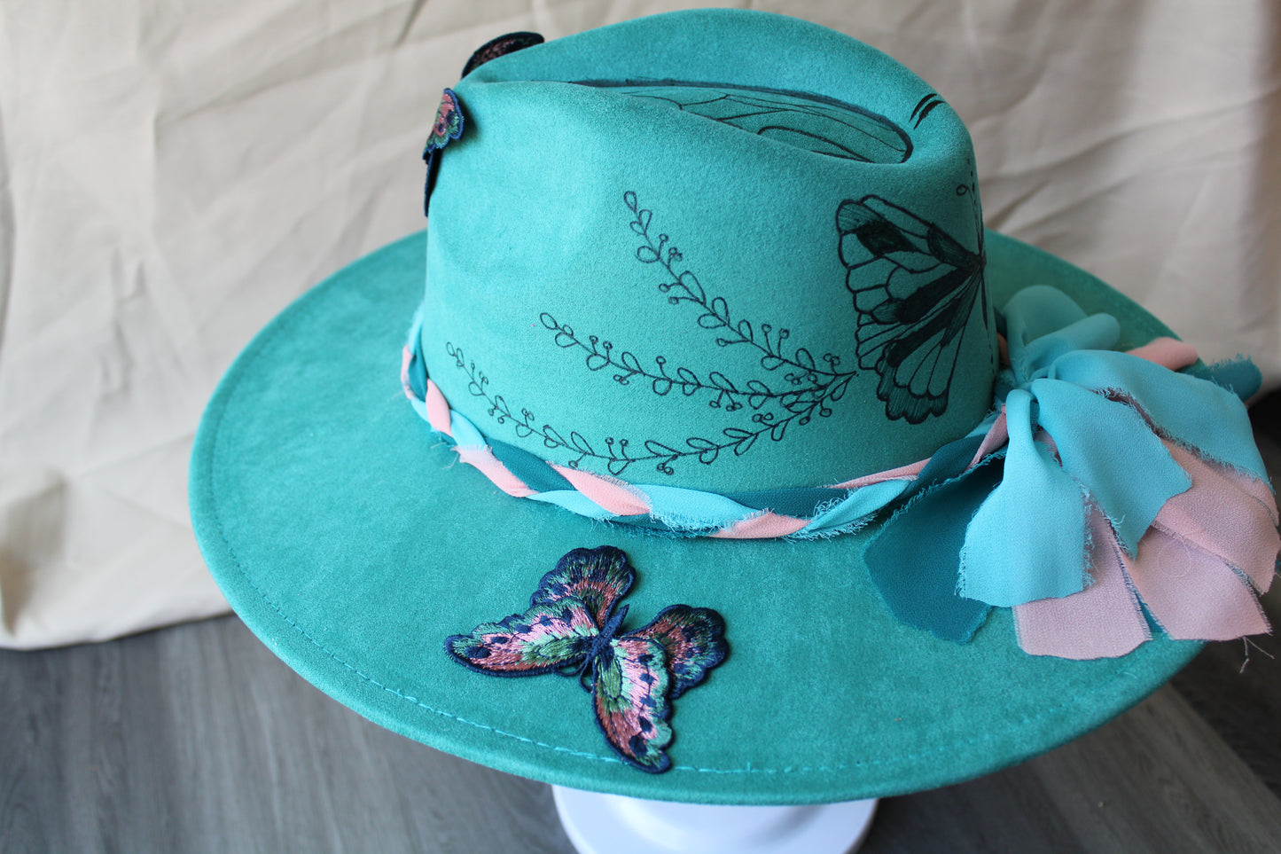 Teal Butterfly Patch Burned Fedora