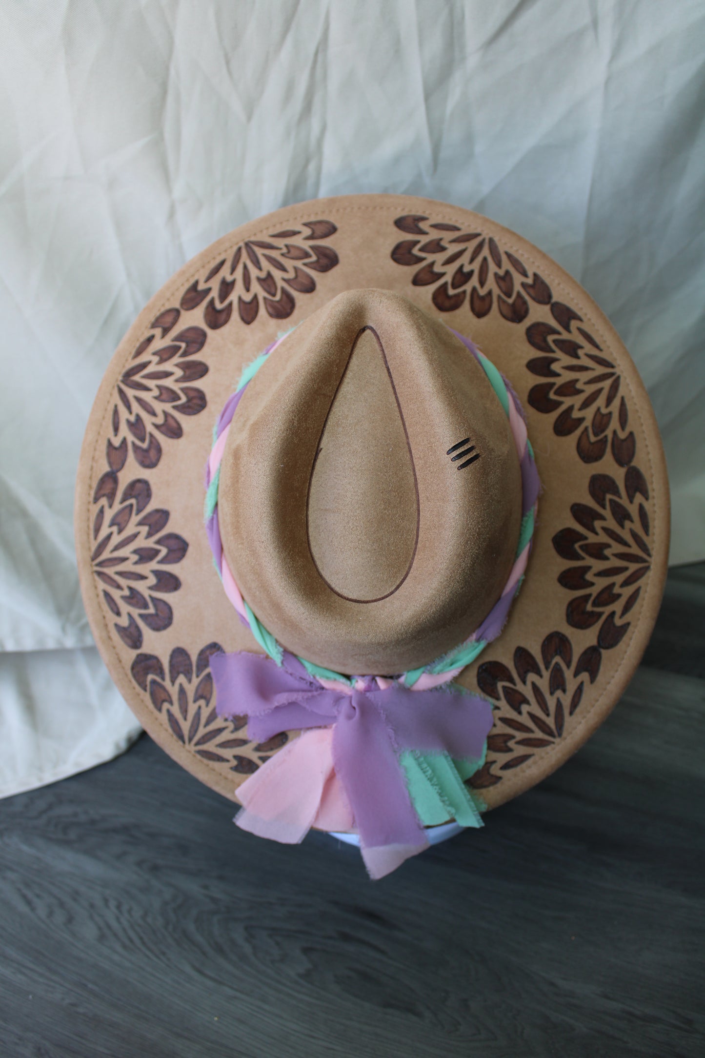 Leafy Mandala Camel Burnded Suede Fedora