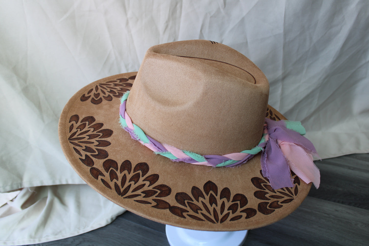 Leafy Mandala Camel Burnded Suede Fedora