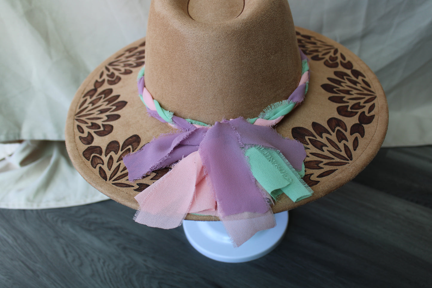 Leafy Mandala Camel Burnded Suede Fedora