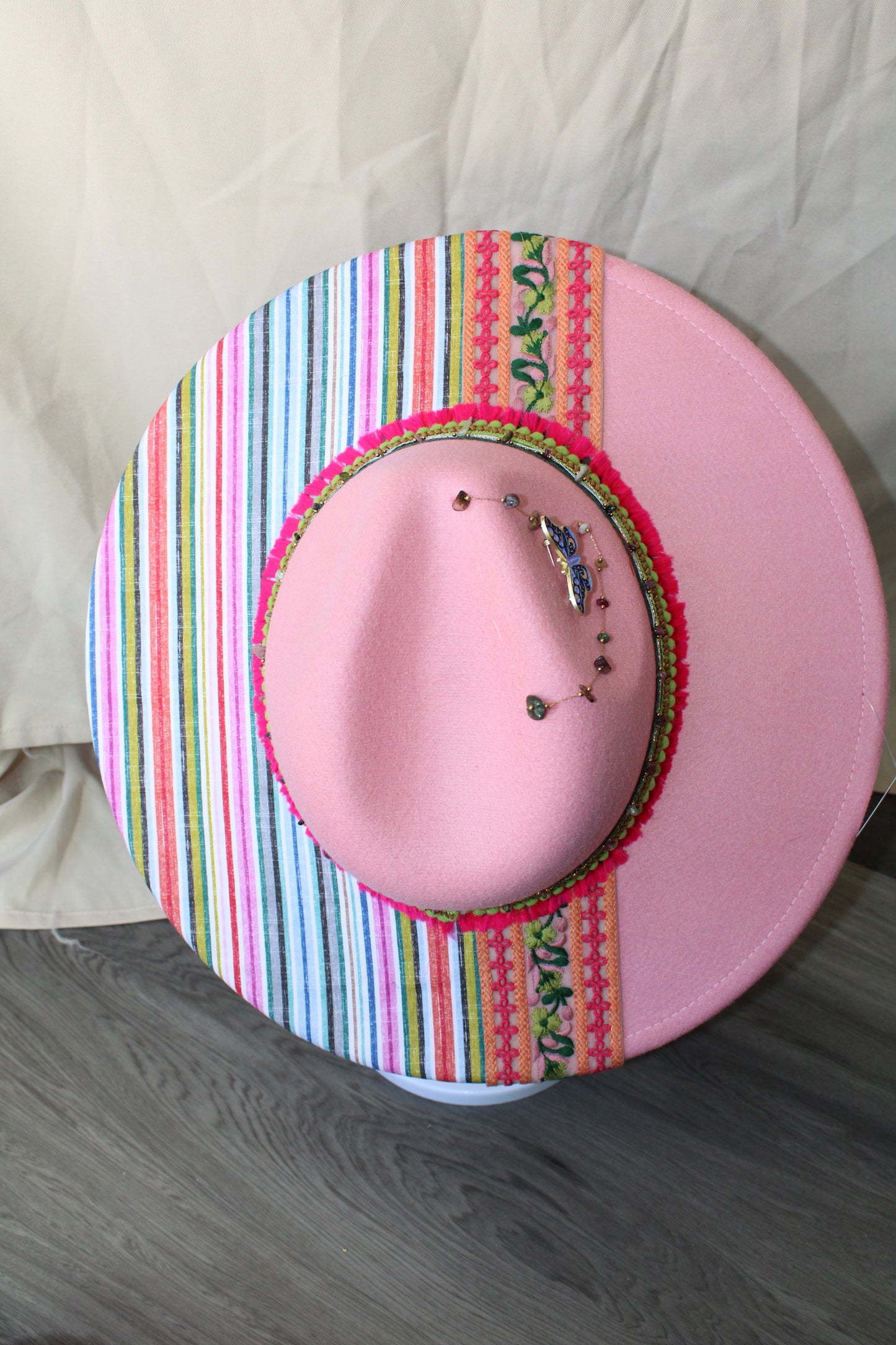 Cottage Stripes Hand-Decorated Pink Felt Fedora