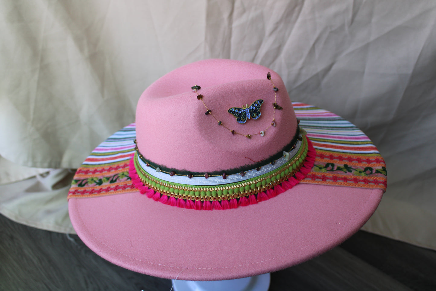 Cottage Stripes Hand-Decorated Pink Felt Fedora
