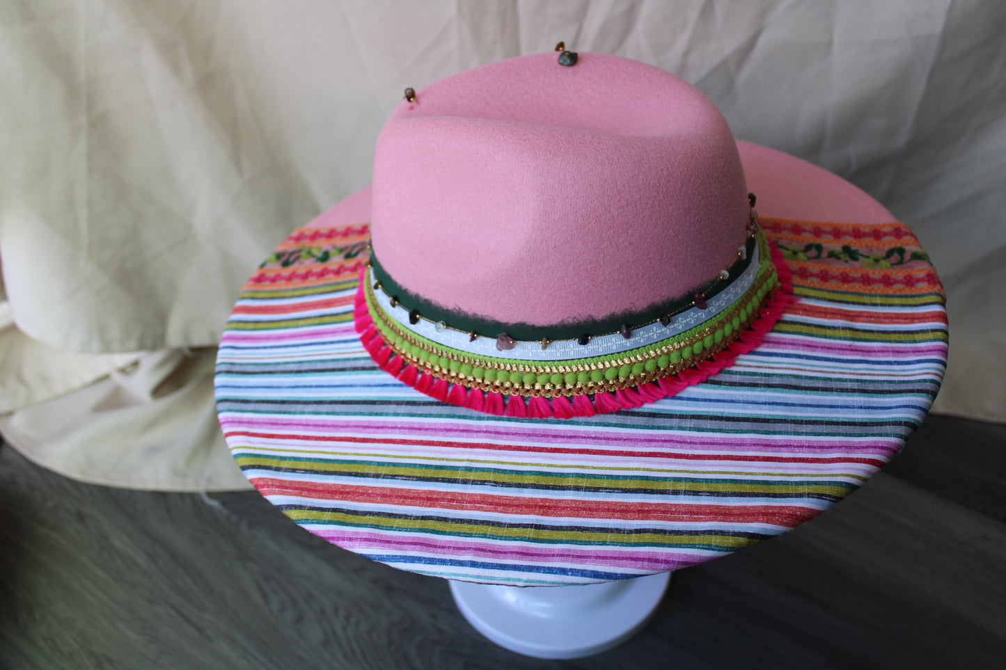 Cottage Stripes Hand-Decorated Pink Felt Fedora