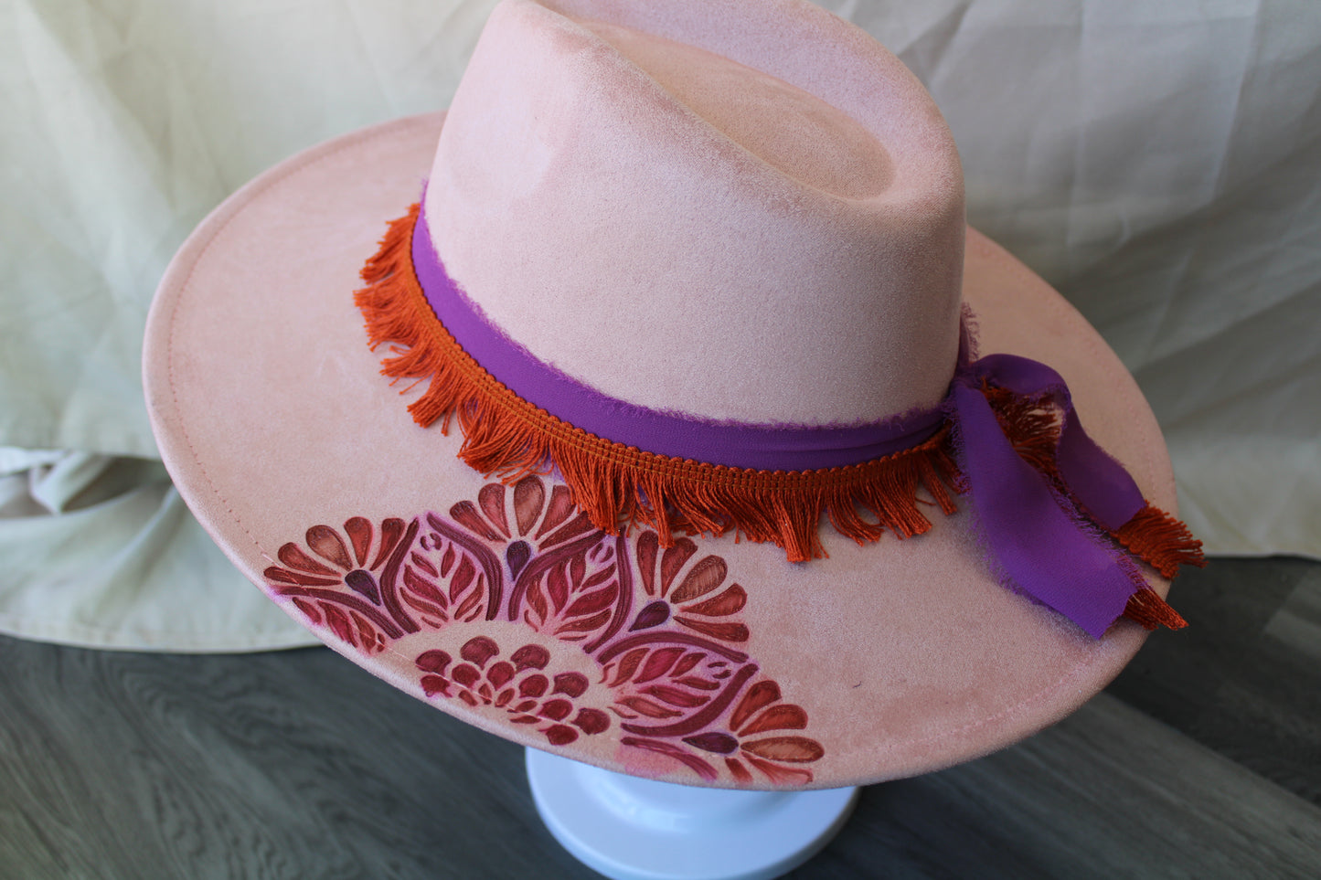 Peachy Pink Mandala Burned Suede Fedora