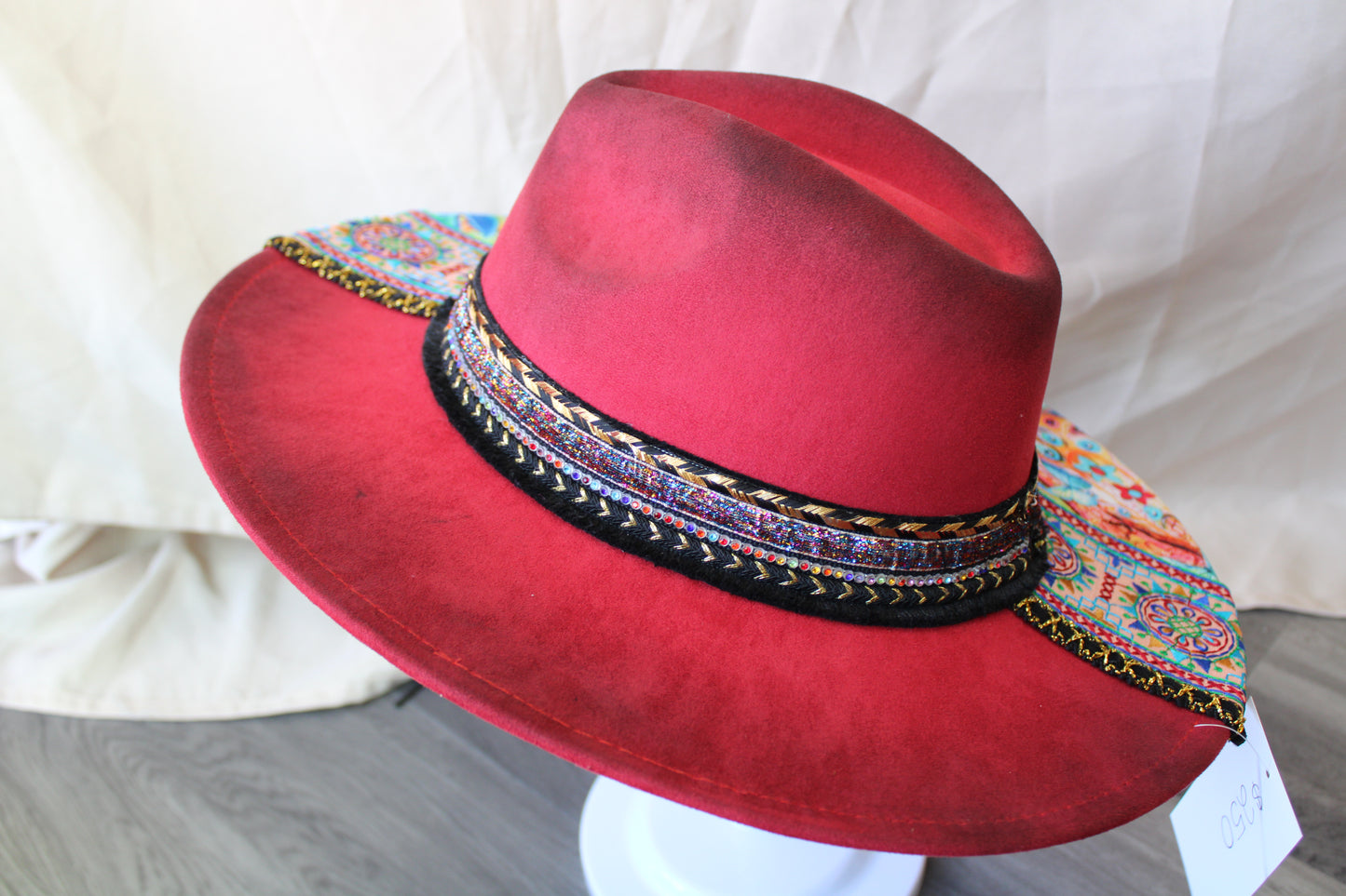 Fairy Garden Red Hand-Decorated Suede Fedora