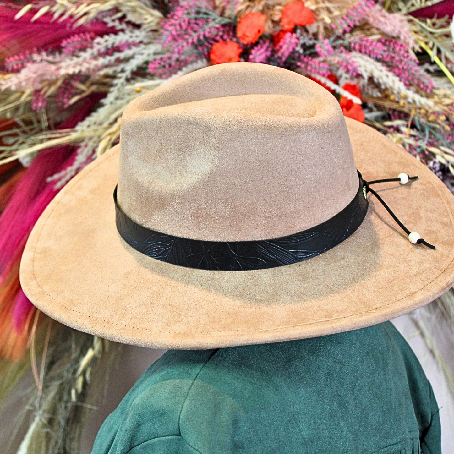 black floral embossed handmade leather hatband