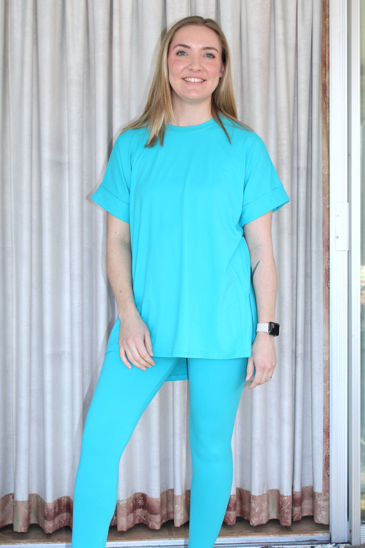 Slit Tee and Leggings Loungs Set-Ice Blue