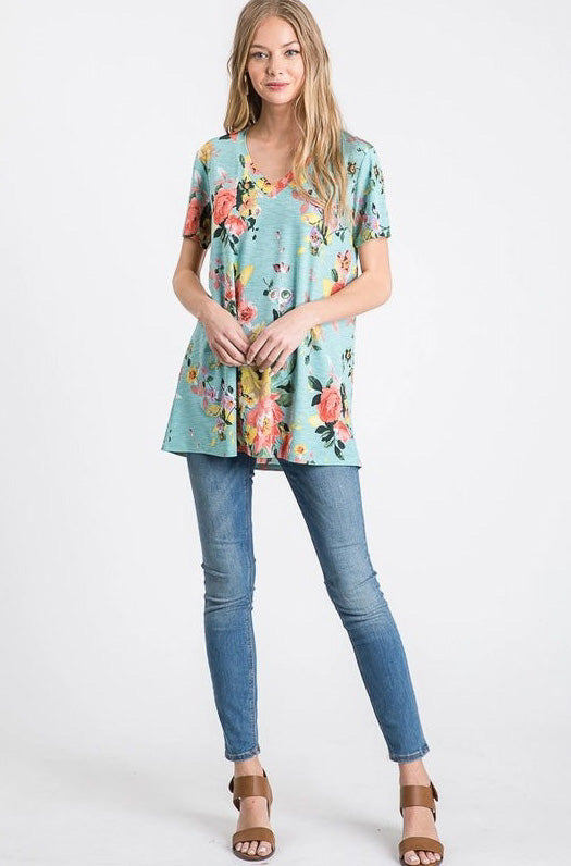 blue floral short sleeve top for women