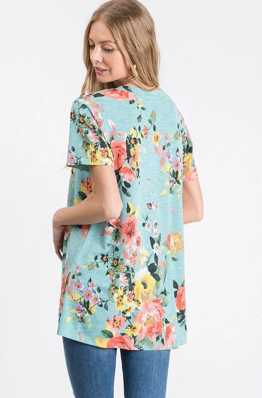 blue floral short sleeve top for women