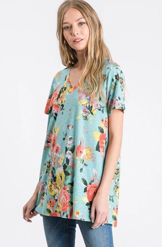 blue floral short sleeve top for women