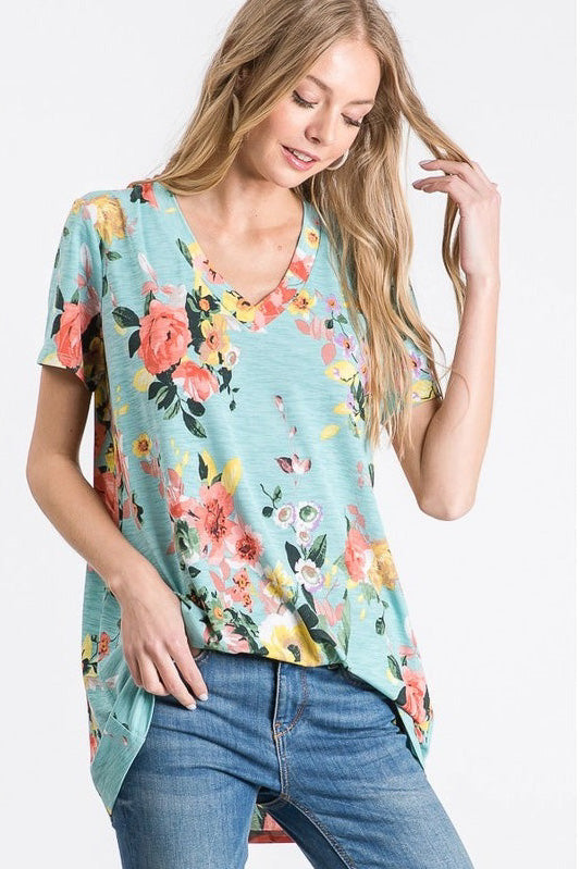 blue floral short sleeve top for women