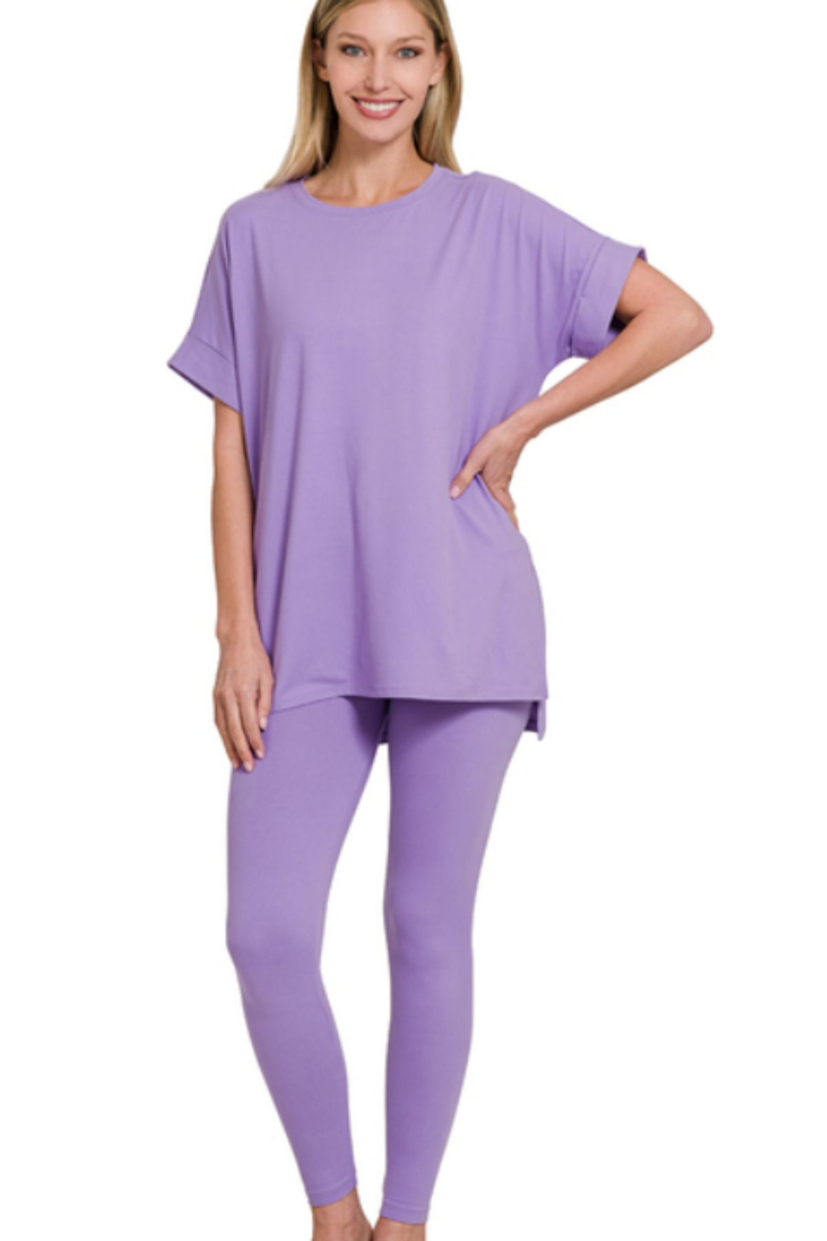Slit Tee and Leggings Lounge Set-Lavender