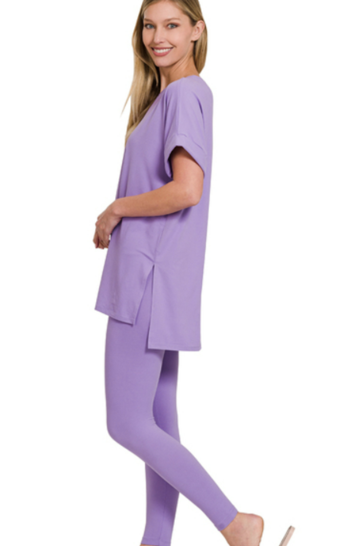 Slit Tee and Leggings Lounge Set-Lavender