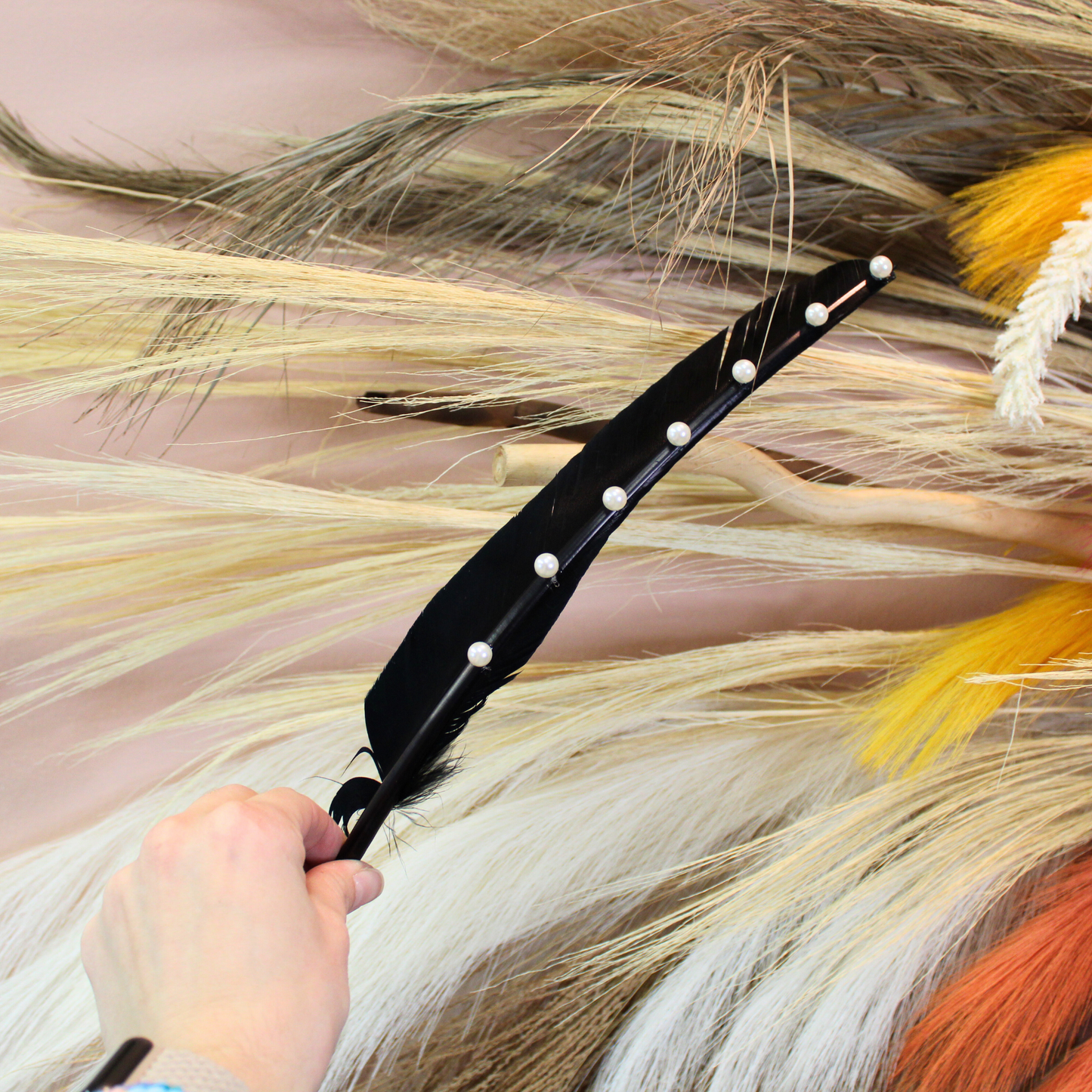 Pearl Studded Black Goose Feather