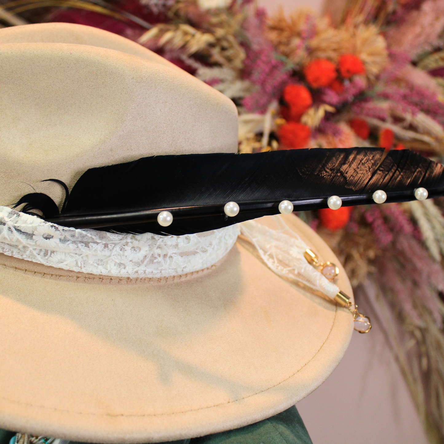 Pearl Studded Black Goose Feather