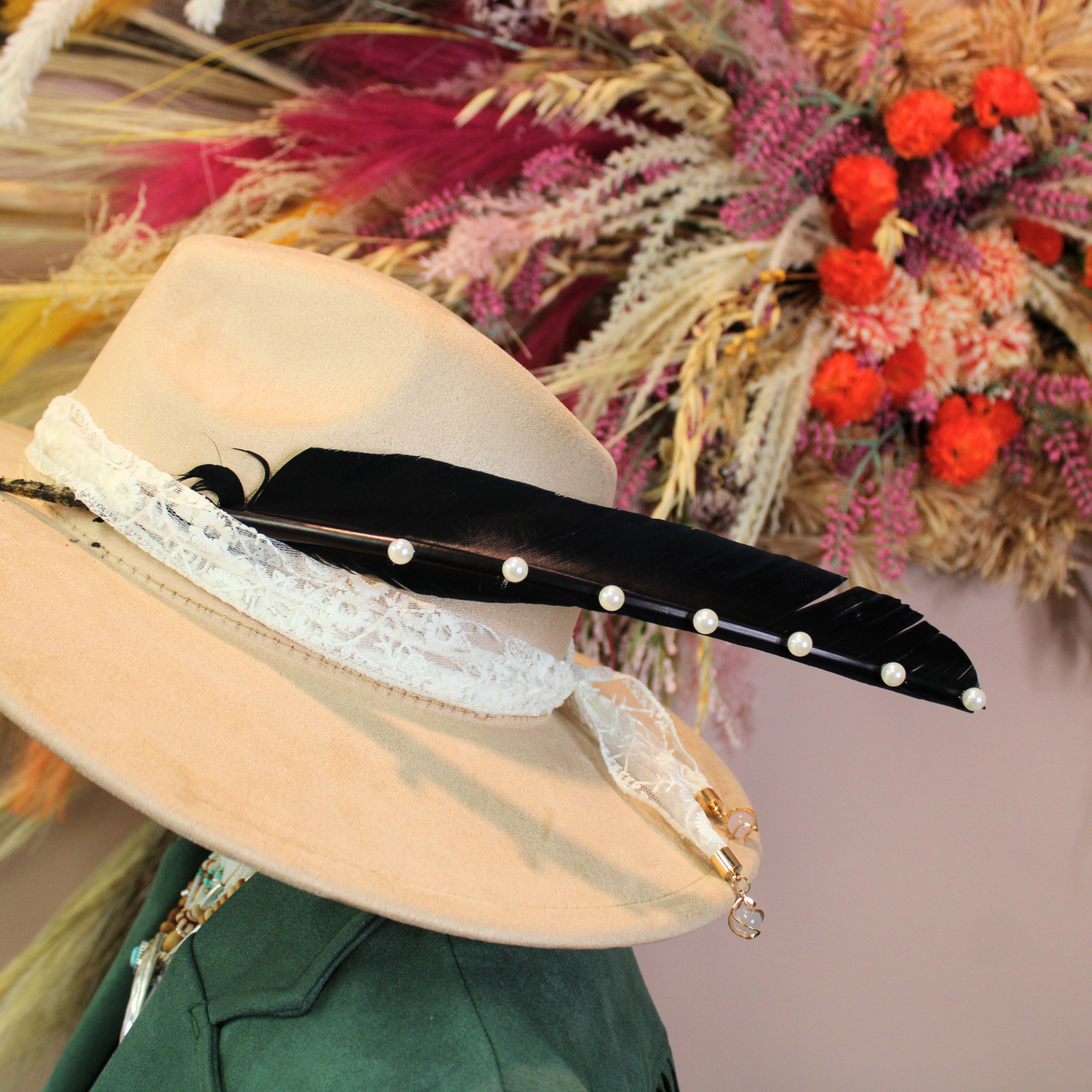 Pearl Studded Black Goose Feather