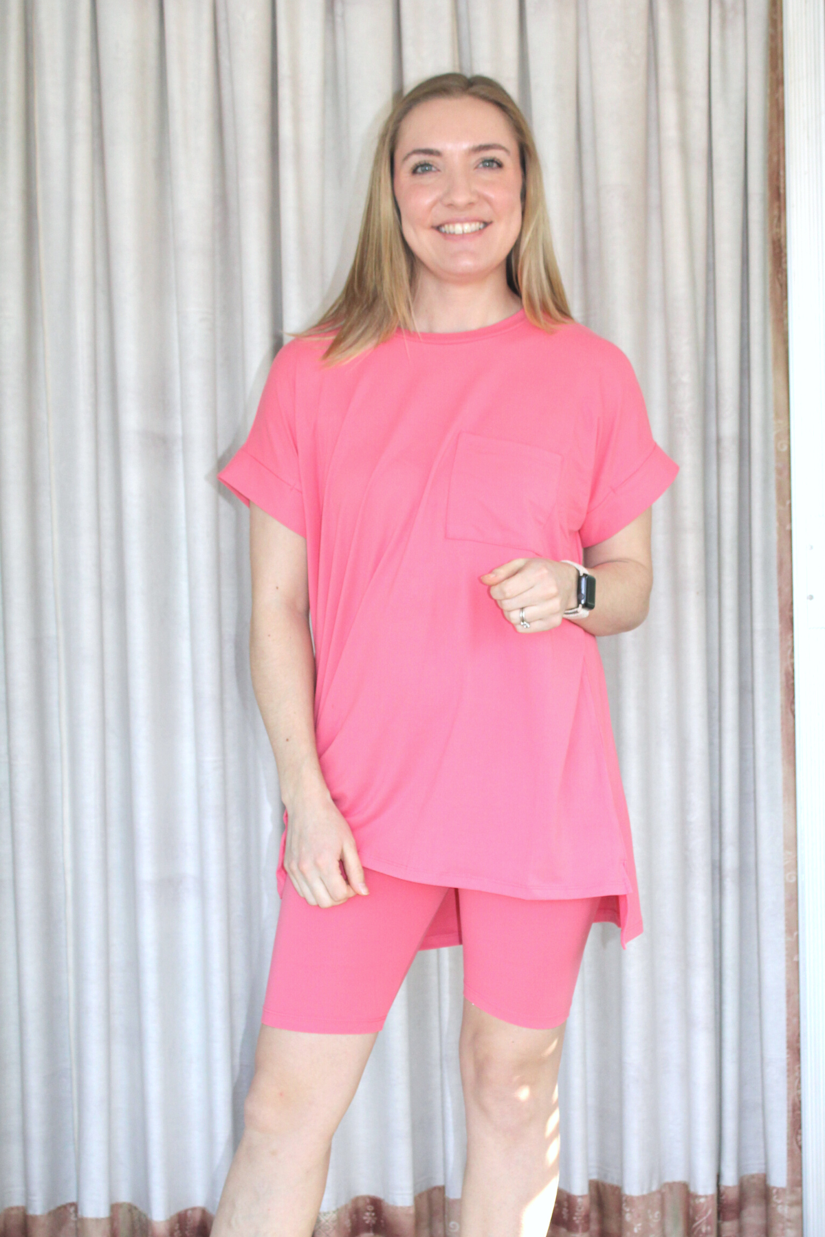 Pocket Tee and Biker Shorts Lounge Set-Taffy Pink