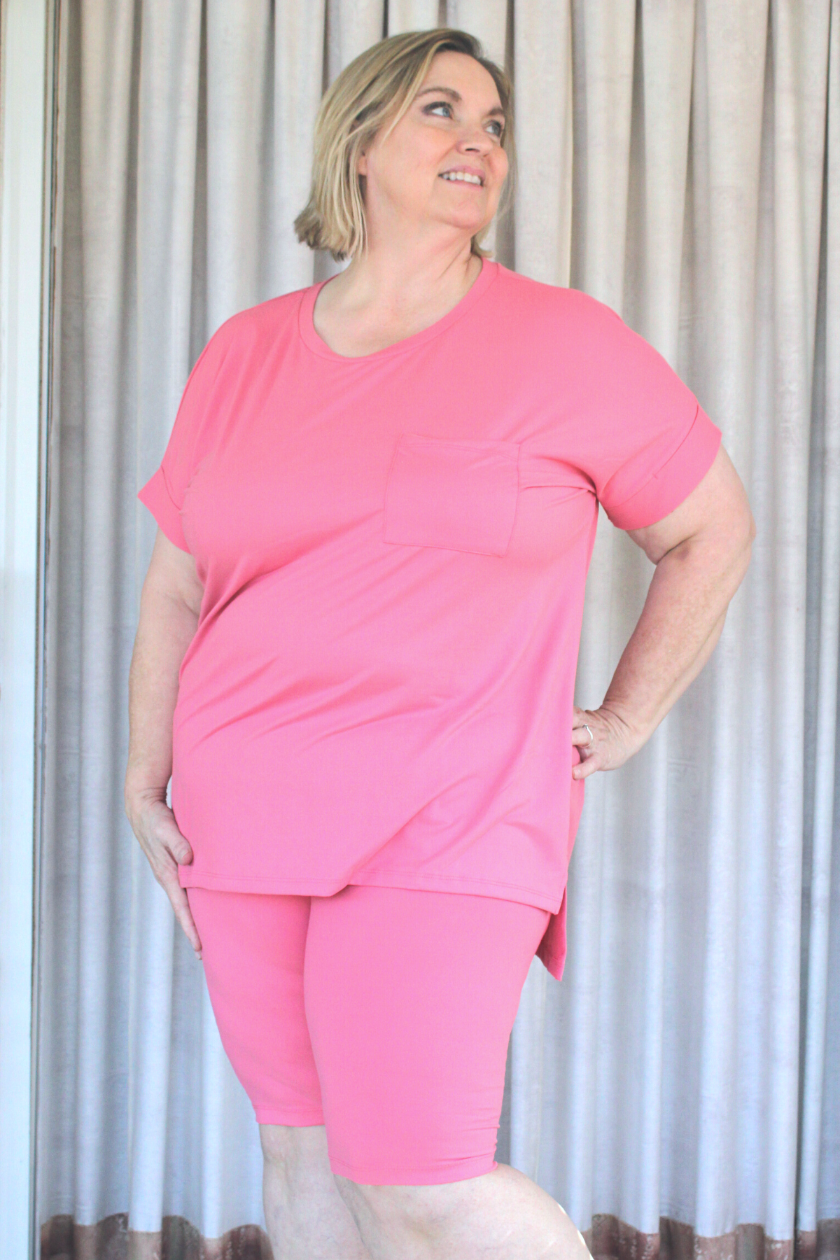 Pocket Tee and Biker Shorts Lounge Set-Taffy Pink