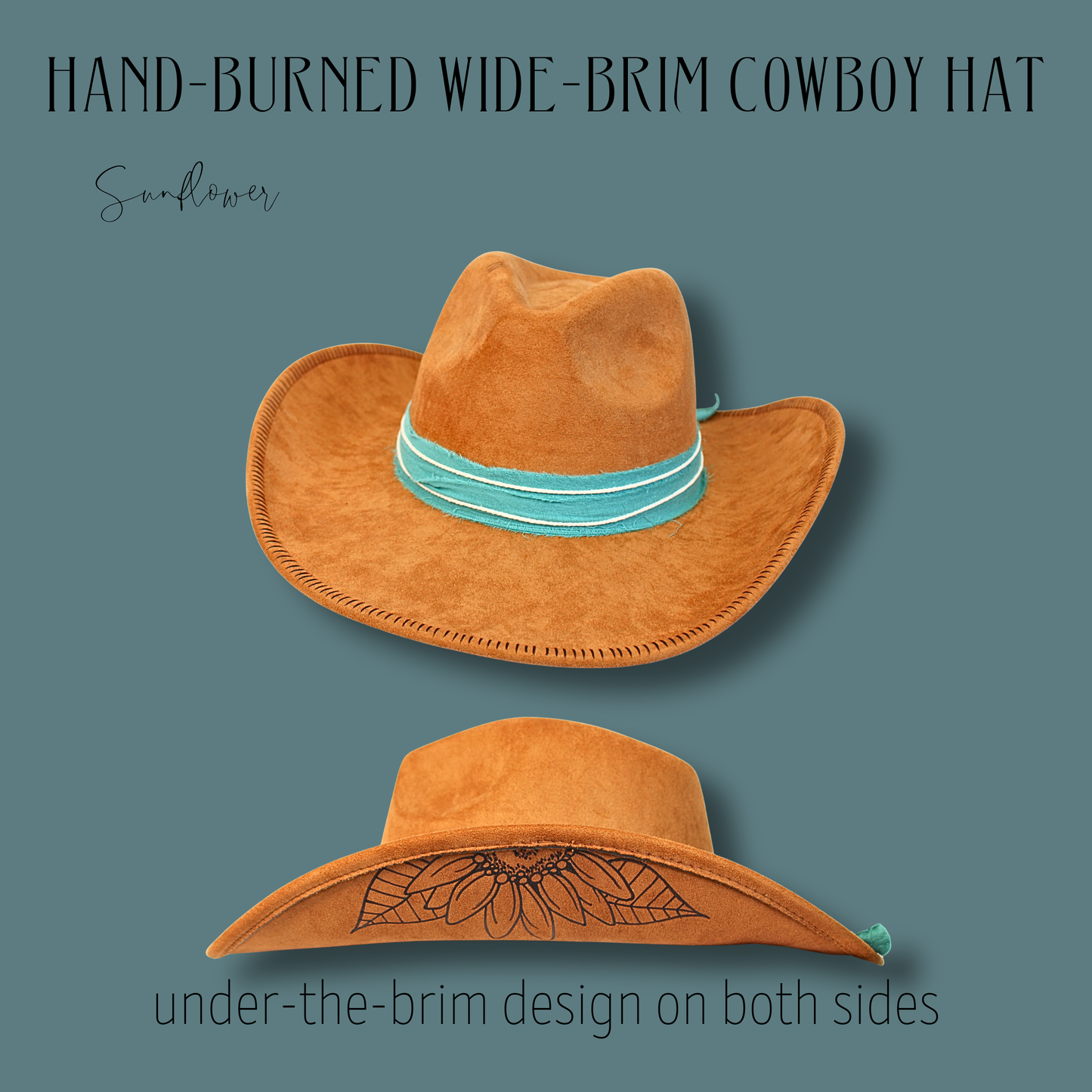 Sunflower Wide Brim Cowboy Hat – Hand-Burned Western Hat with Adjustable Fit | Boho Floral Cowboy Hat Handmade in Illinois