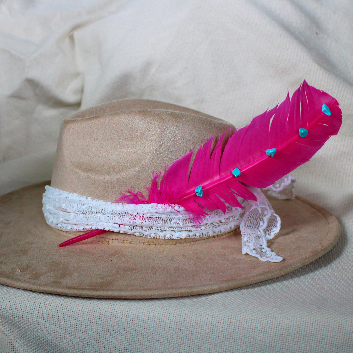 Hand-Studded Pink-Dyed Turkey Feather with Turquoise Howlite