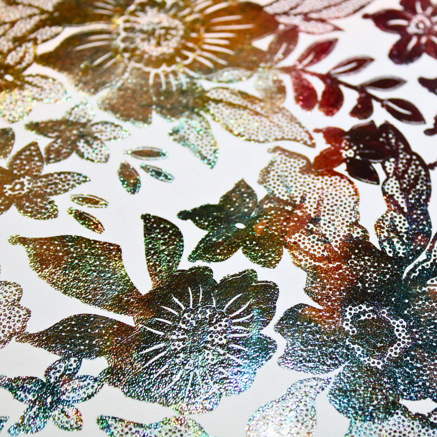 white vegan leather with metallic floral print