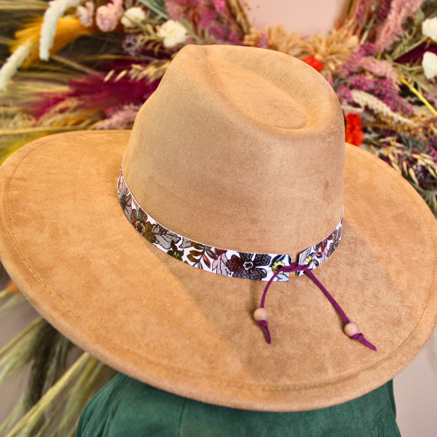 handmade hat band from white vegan leather that was printed with metallic florals