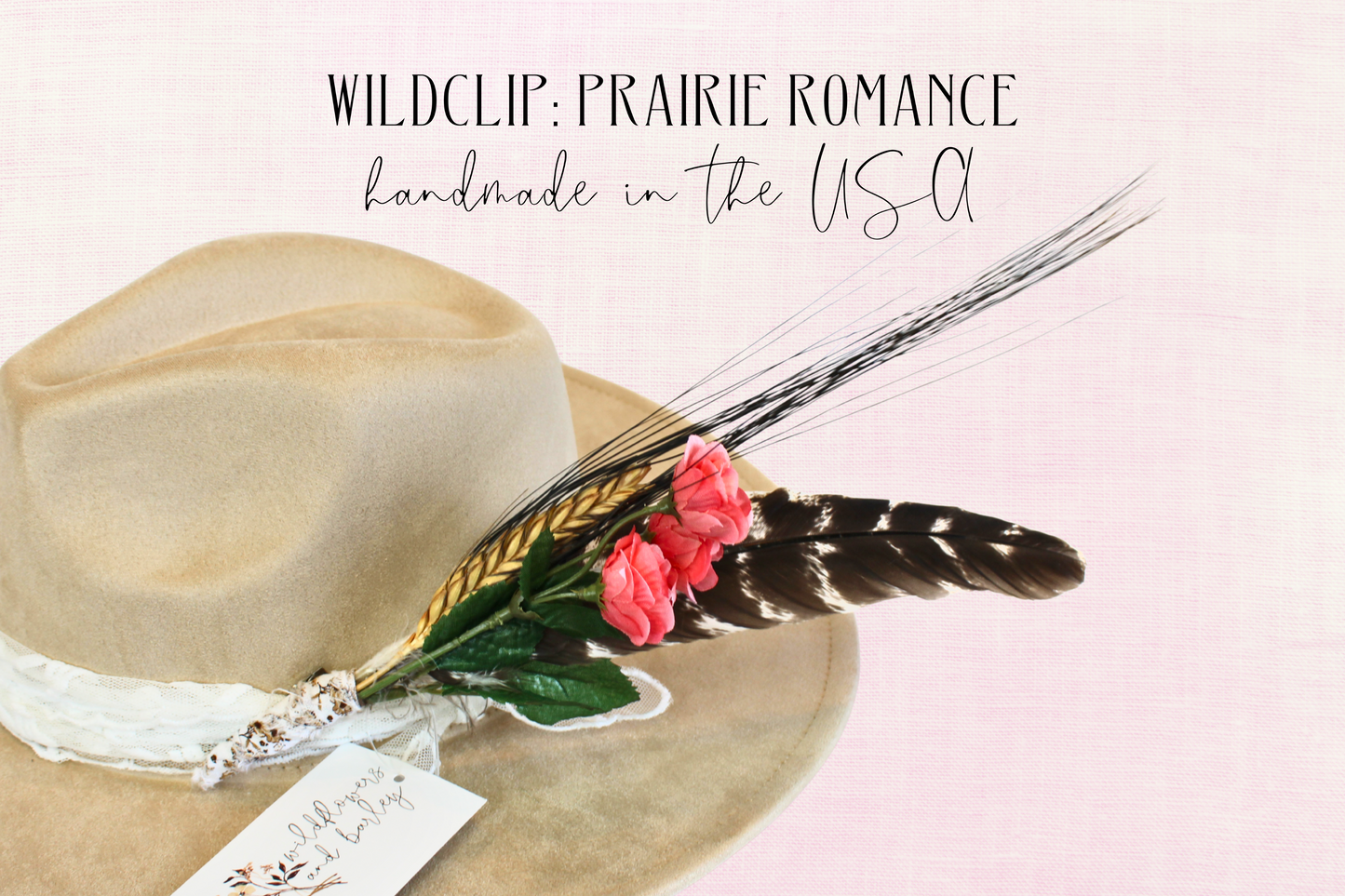 Beige hat with floral and feather detail on a light pink background, featuring 'Wildclip: Prairie Romance' text.