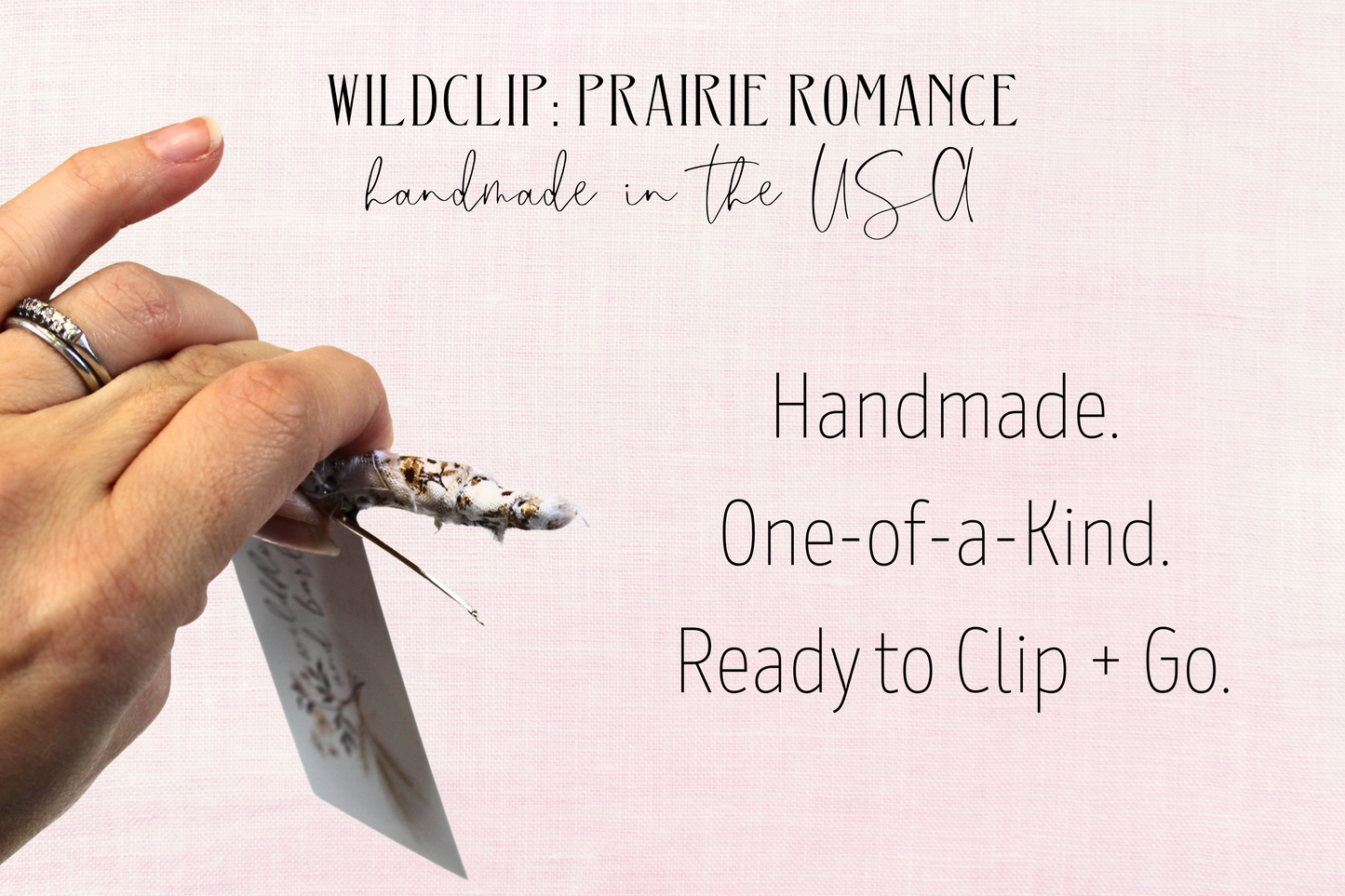 Hand holding a small object with text about 'Wildclip: Prairie Romance' on a light pink background