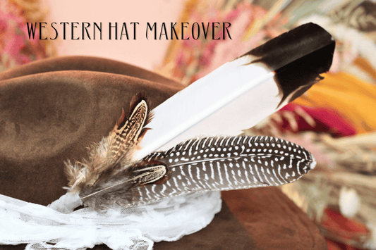 brown and white feathers on a brown hat with words that say "western hat makeover"