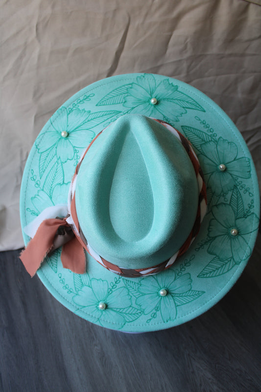 Pearls and Moss Roses Burned Mint Suede Fedora