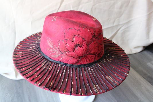 Striking Peony Hand-Burned Faux Suede Fedora