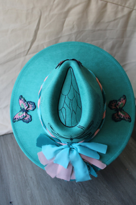 Teal Butterfly Patch Burned Fedora