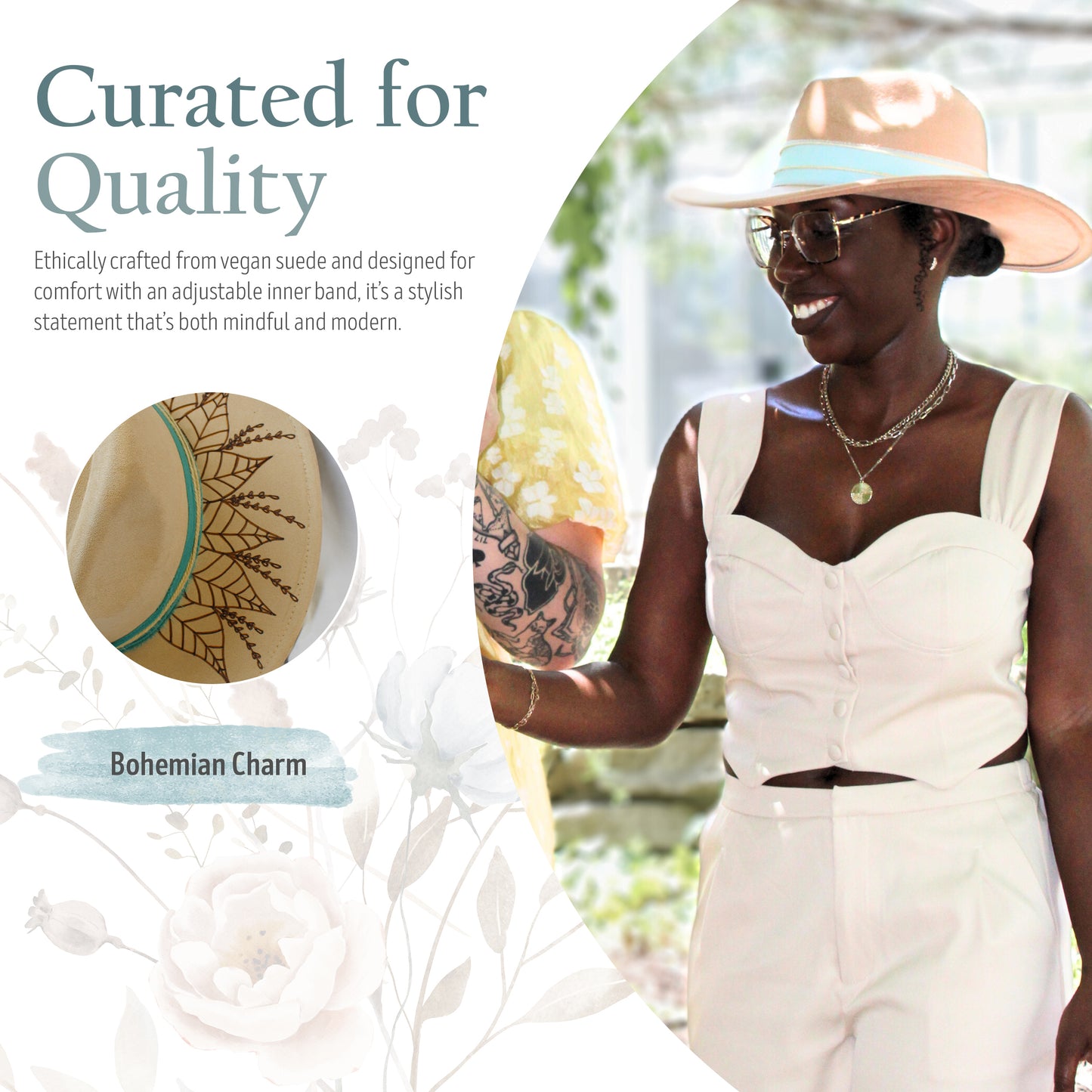 Woman wearing a hat with a decorative earring, surrounded by text about product quality and vegan suede material.