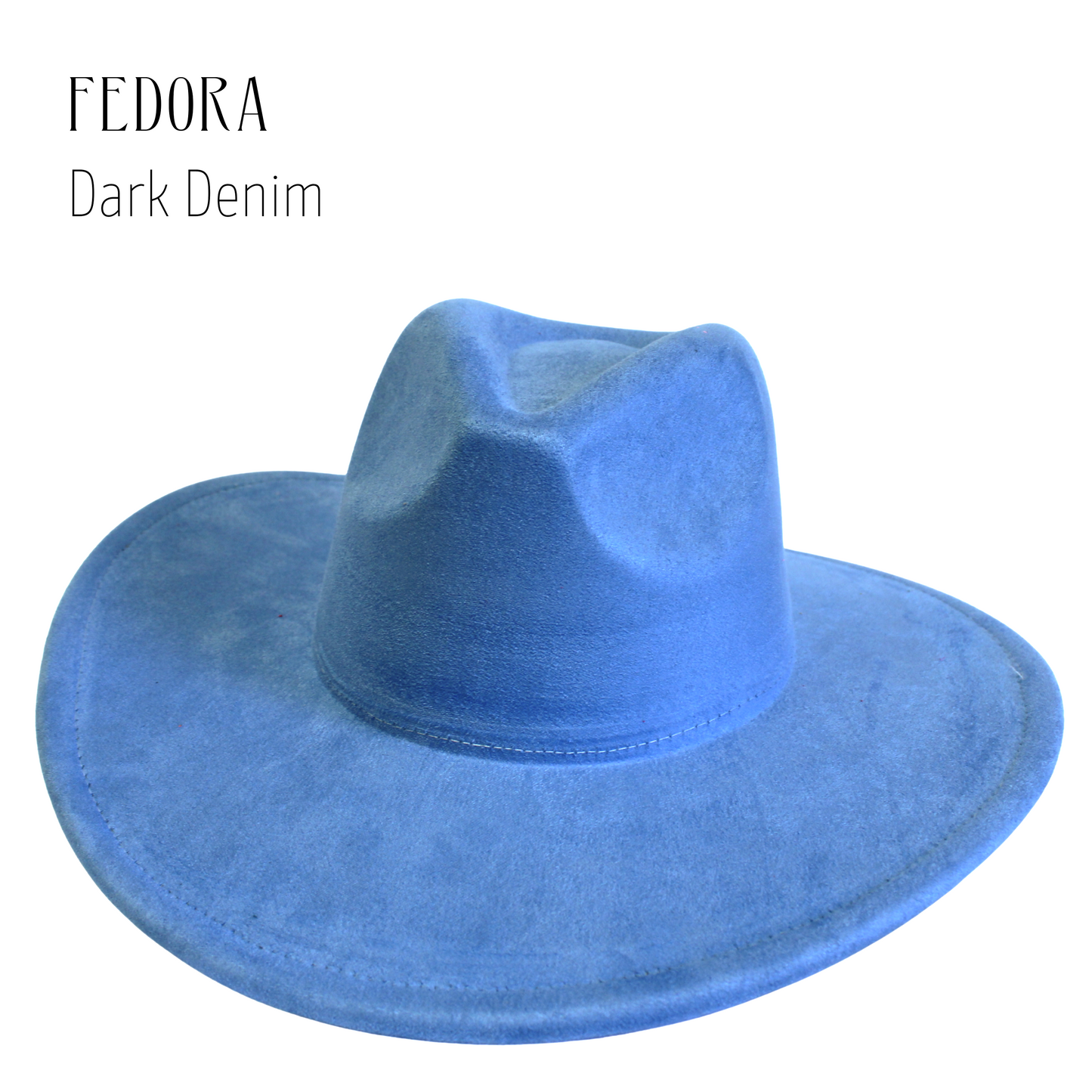 Blue denim fedora hat on a white background with 'FEDORA Dark Denim' text.