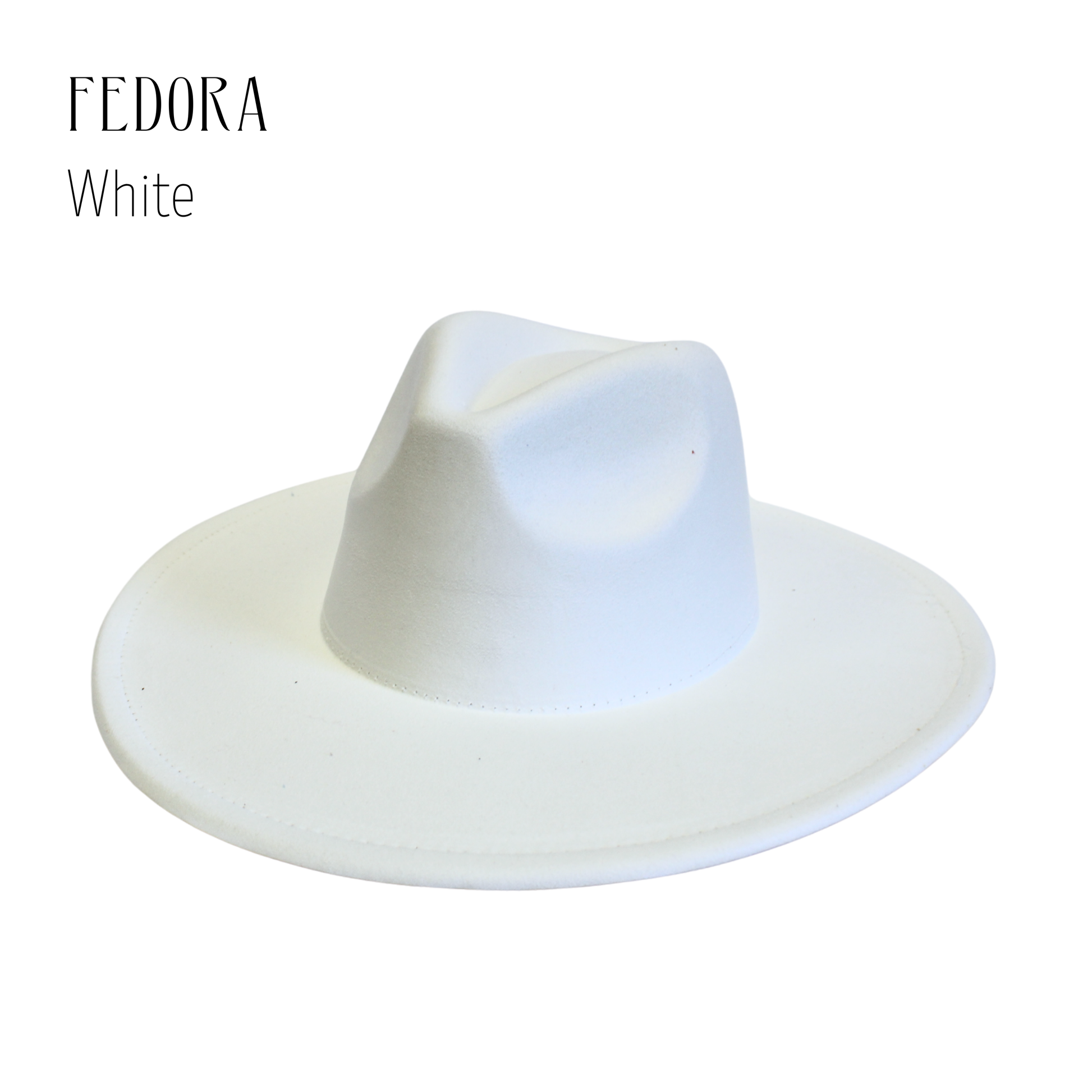White fedora hat on a white background with 'FEDORA' and 'White' text.