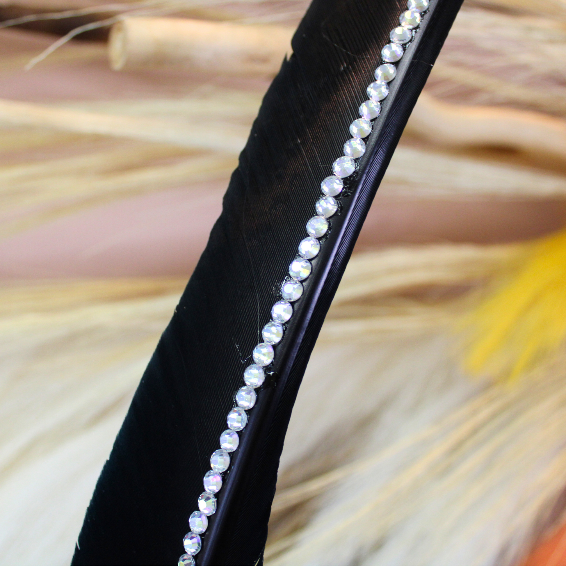 a closeup view of rhinestons on a black turkey pointer feather for hats
