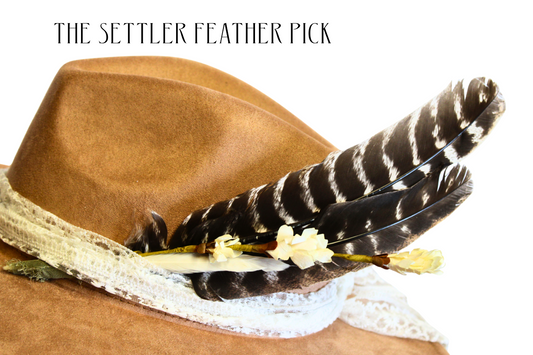 Brown hat with feathers and lace on a white background
