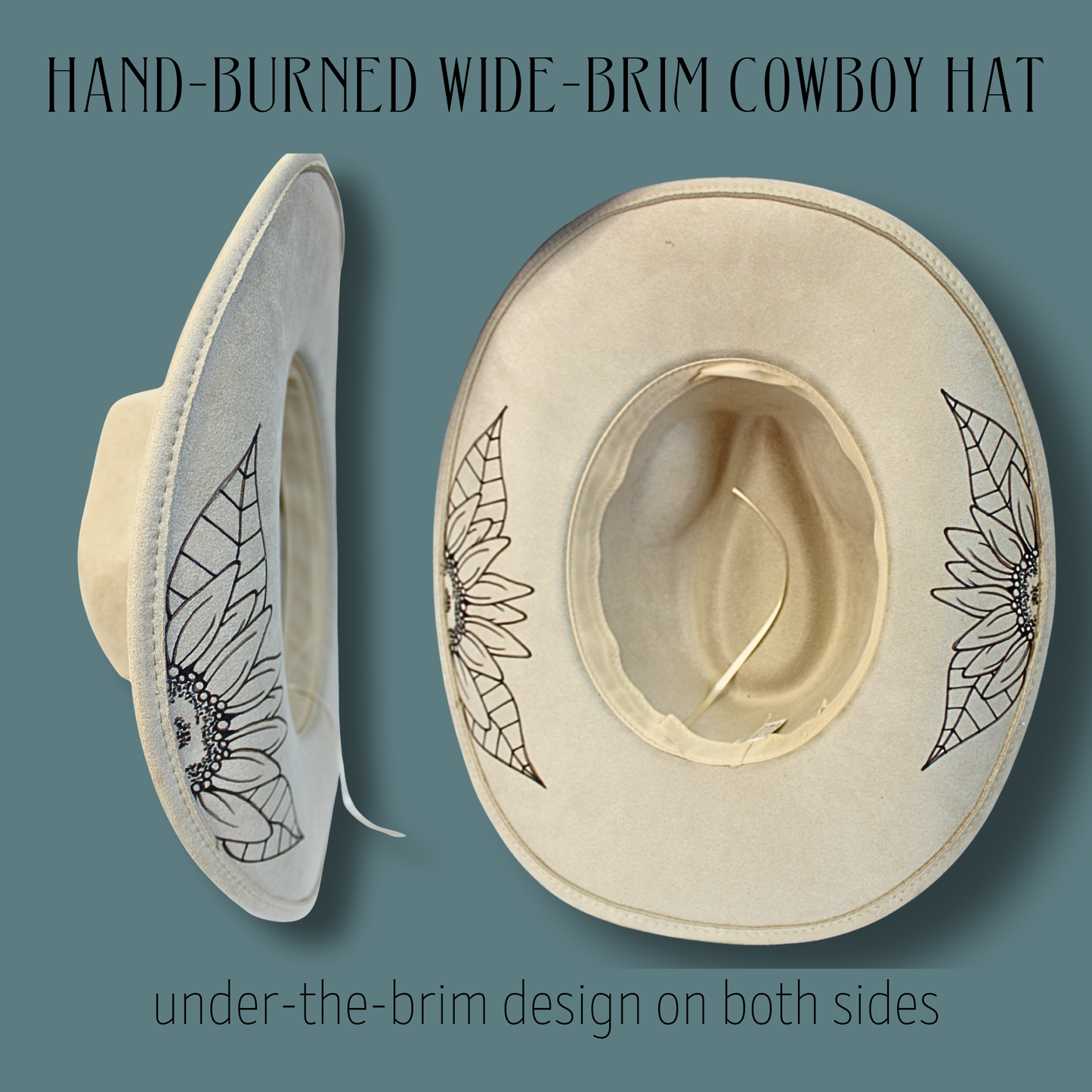 Sunflower Wide Brim Cowboy Hat – Hand-Burned Western Hat with Adjustable Fit | Boho Floral Cowboy Hat Handmade in Illinois