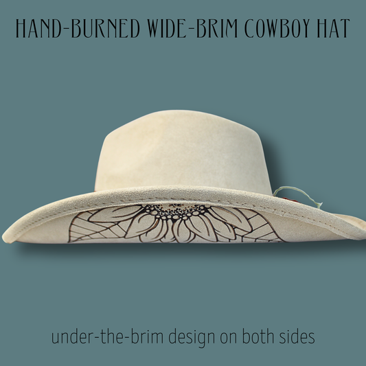Sunflower Wide Brim Cowboy Hat – Hand-Burned Western Hat with Adjustable Fit | Boho Floral Cowboy Hat Handmade in Illinois